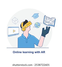 Vector icon for Online Learning with Augmented Reality. Depicts a person using AR technology with interactive elements like books, globe, and video tools in a digital environment.