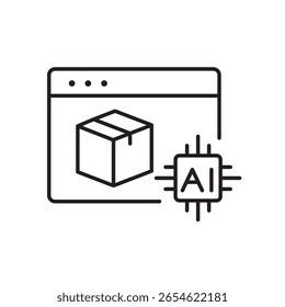 Um ícone vetorial de uma janela de loja online com chip AI, representando plataformas inteligentes de comércio eletrônico, criado em estilo de linha com traço editável