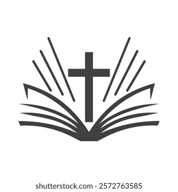 vector icon of an open bible with a cross on a white background.