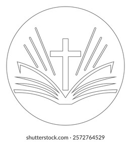 vector icon of an open bible with a cross on a white background.