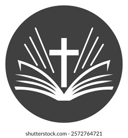 vector icon of an open bible with a cross on a white background.