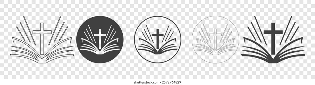 vector icon of an open bible with a cross on a white background.