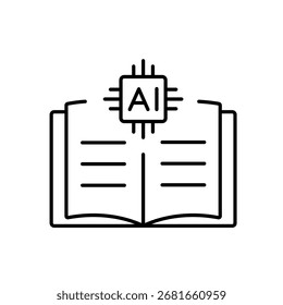 A vector icon of an open book with an AI chip, representing AI-assisted medical visualization and learning, created in line style with editable stroke