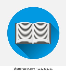 Vector icon of  open book on blue background. Flat image book icon with long shadow. Layers grouped for easy editing illustration. For your design.
