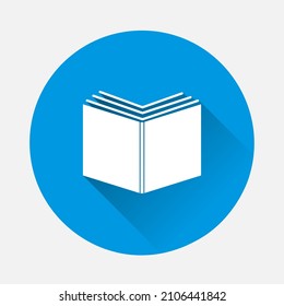 Vector icon of an open book icon on blue background. Flat image with long shadow.