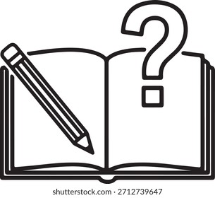 Icono de Vector de libro abierto con lápiz y signo de interrogación – Educación, aprendizaje, estudio, concepto de investigación – EPS 10