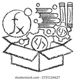 Icono de Vector de una caja abierta con herramientas de desarrollo de IA, engranajes y símbolos matemáticos. Bosquejo de carbón marrón oscuro sobre fondo transparente, para conceptos de SDK y marco de software de aprendizaje automático