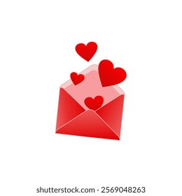 Vector icon open envelope letter, mail letter with red heart. Realistic Elements for romantic design. Isolated object on white background.