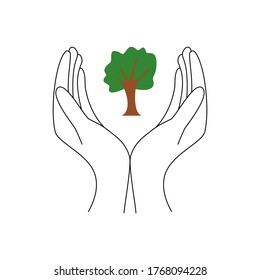 Vector icon of an open hands with a tree on it. A symbol of hope to keep protecting trees and plants.