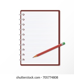 A vector icon of open notepad in a line and a pencil. 3d realistic image for business, education, study.