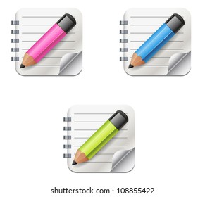 Vector icon of open notepad with pencil in pink, blue and green colors