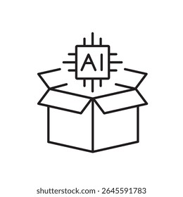 A vector icon of an open package with an AI chip, representing AI-managed parcel preparation, created in line style with editable stroke