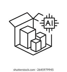 A vector icon of an open parcel containing smaller packages with an AI chip, representing AI-managed packing schemes, created in line style with editable stroke