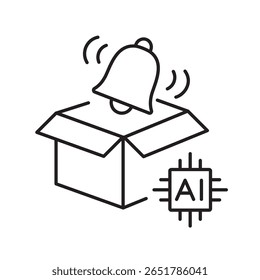 Um ícone vetorial de um pacote aberto com um toque de sino e chip de IA, representando alertas de entrega inteligente usando inteligência artificial, criado em estilo de linha com traço editável