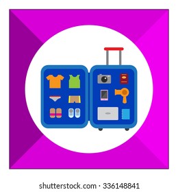Vector icon of open travel suitcase with various items inside