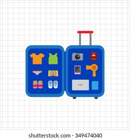 Vector icon of open travel suitcase with various items inside