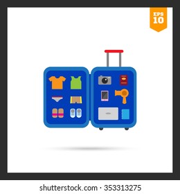 Vector icon of open travel suitcase with various items inside