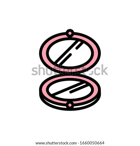 Vector icon open Womens pocket mirror in flat style with black stroke, pink and white fill and circles texture for design