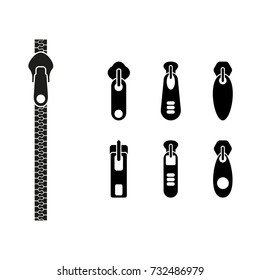 Vector icon open zipper, fastener. Set of zipper. Metal zip.