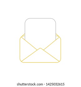 Vector icon of opened mail envelope with blank paper. White background and colored outlines.