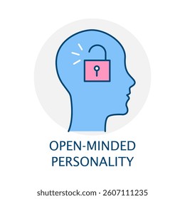 Vector icon for Open-Minded Personality. Brain with expanding lines, representing broad thinking, receptiveness, and cognitive flexibility.