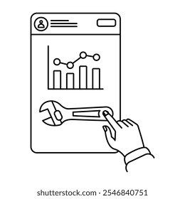 Ícone de vetor para Ferramentas de Previsão Operacional. Chave inglesa e gráfico analítico para confiabilidade do equipamento.