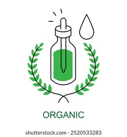 Ícone de vetor para Orgânico. Ícone de uma garrafa com uma folha e marca de verificação de certificação que representa produtos orgânicos de cuidados com a pele e cosméticos.