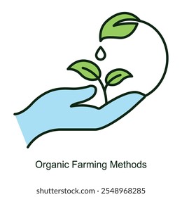 Vector icon for Organic Farming Methods with Plant and Soil Symbols. Depicts eco-friendly farming techniques with plants growing in healthy soil, emphasizing sustainability.