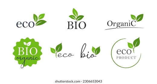 Vector icon of organic food, bio, natural product. Labels and stickers with leaves