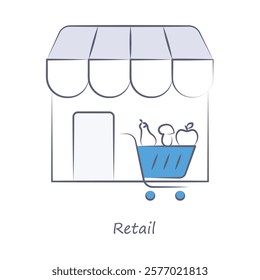 Vector icon of organic retail store. Depicting a storefront with a shopping cart full of organic vegetables in a clean, green style with editable stroke.