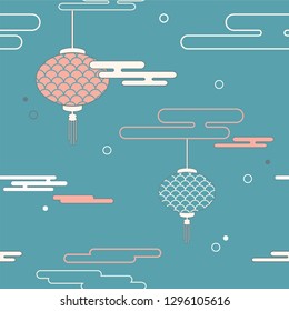 vector icon in oriental flat style. Japanese, chinese lanterns and clouds elements. Vector illustration