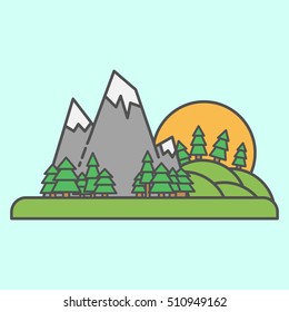 Vector icon outdoor valley sun and mountain in flat line style illustration.