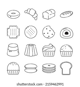 vector icon outline set bakery. Such as donuts, croissants, cookies. Isolated background. Black lines.