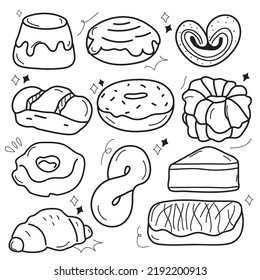 vector icon outline set bakery. Such as donuts, croissants, cookies. Isolated background. Black lines.