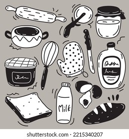 vector icon outline set bakery. Such as donuts, croissants, cookies. Isolated background. Black lines. 