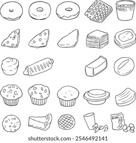 ícone de vetor esboço conjunto padaria. Como rosquinhas, croissants, biscoitos. Plano de fundo isolado. Linhas pretas. Conjunto de vetores