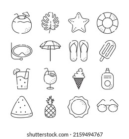 vector icon outline set summer. such as icon glasses, coconut, popsicles. Isolated background.