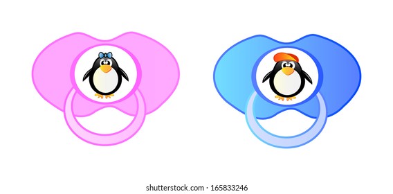 Vector icon of pacifier. Pink for girl and blue for boy. Collection set with penguins.