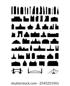 Vector icon pack of buildings, attractions, landmarks. Isolated black and white skyscraper, tower, arc, cathedral, church, bridge contours and logo pack for web design, infographics