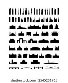 Vector icon pack of buildings, attractions, landmarks. Isolated black and white skyscraper, tower, arc, cathedral, church, bridge contours and logo pack for web design, infographics