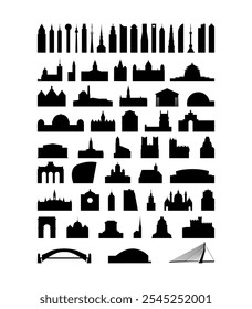 Ícone de vetor pacote de edifícios, atrações, marcos. Arranha-céu preto e branco isolado, torre, arco, catedral, igreja, contornos de ponte e pacote de logotipo para web design, infographics