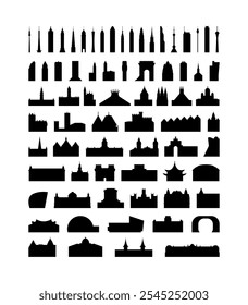 Vector icon pack of buildings, attractions, landmarks. Isolated black and white skyscraper, tower, arc, cathedral, church, bridge contours and logo pack for web design, infographics