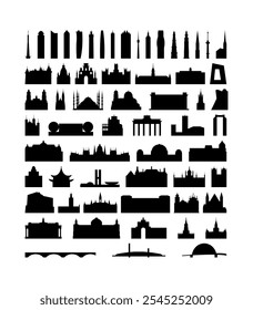 Ícone de vetor pacote de edifícios, atrações, marcos. Arranha-céu preto e branco isolado, torre, arco, catedral, igreja, contornos de ponte e pacote de logotipo para web design, infographics