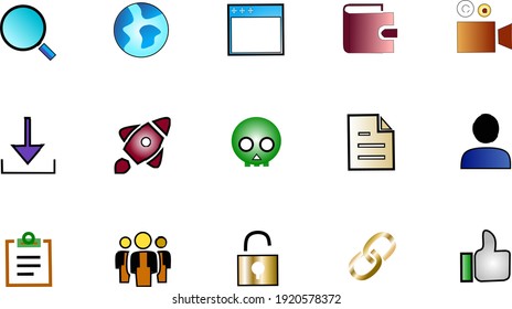 vector icon pack, consists of, luv world note memo video camera download icon airplane skull person chain lock and thumb