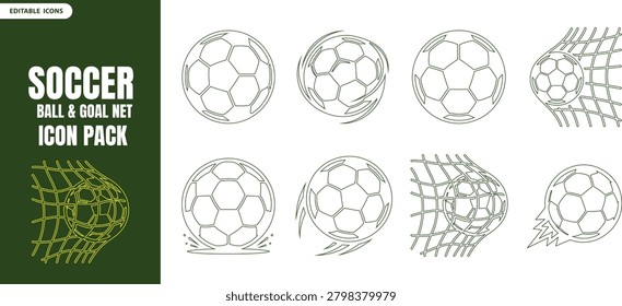 A vector icon pack featuring soccer balls and goal nets in a minimalist lineart style, presented as a distinctive silhouette.