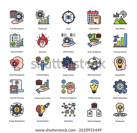 Vector icon pack focused on motivation, work balance, and clarity.