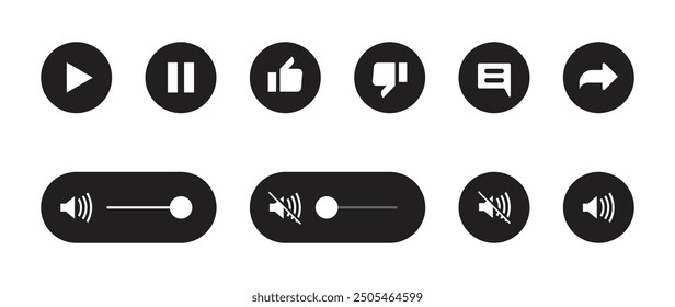 Paquete de iconos de Vector para el diseño de la interfaz de usuario, con iconos esenciales como Dislike, Compartir, Comment, Speaker y Mute Speaker, perfecto para el desarrollo de Sitios web, diseño de App móviles y proyectos digitales