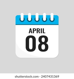 Vector icon page calendar day of month - 8 April. 8th day of month - Sunday, Monday, Tuesday, Wednesday, Thursday, Friday, Saturday. Anniversary, reminder, plan, to-do list. Calender on the wall