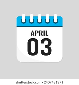 Vektorsymbol Seite Kalendertag des Monats - 3. April. 3. Tag des Monats - Sonntag, Montag, Dienstag, Mittwoch, Donnerstag, Freitag, Samstag. Jubiläum, Erinnerung, Plan, To-Do-Liste. Kalender an der Wand