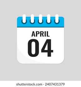 Vector icon page calendar day of month - 4 April. 4th day of month - Sunday, Monday, Tuesday, Wednesday, Thursday, Friday, Saturday. Anniversary, reminder, plan, to-do list. Calender on the wall
